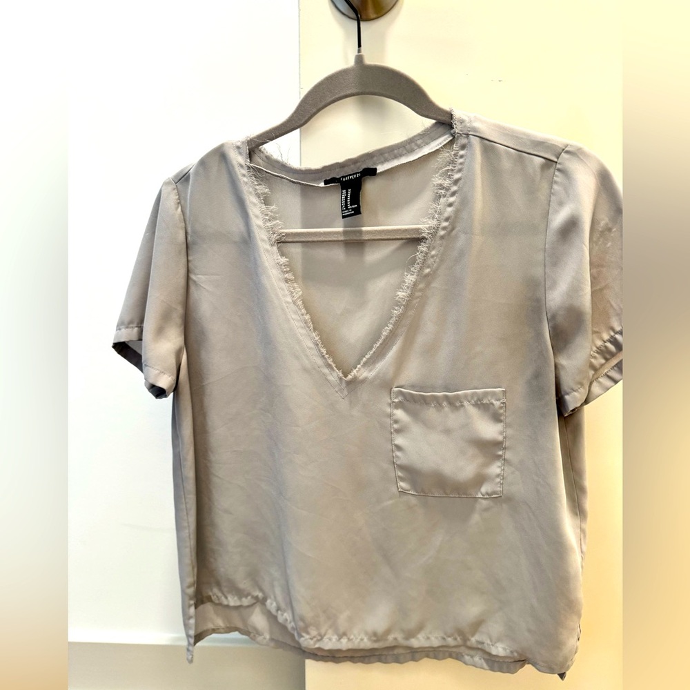 Gray v neck silk blouse